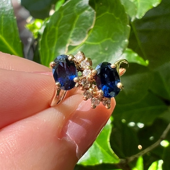 VINTAGE 14K GOLD BLUE SAPPHIRE DIAMOND TOI ET MOI RING ENGAGEMENT ANNIVERSARY - Picture 7 of 16